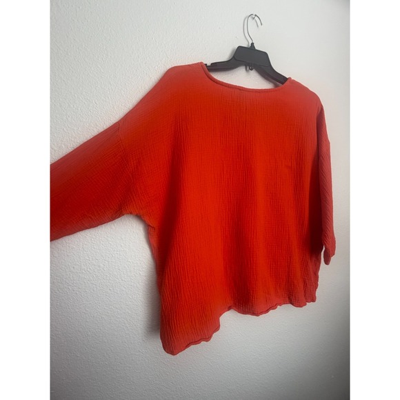 Jones & Co Top Womens 1X Orange Crinkled Cotton 3/4 Sleeves Dual Pocket Front - Picture 4 of 6